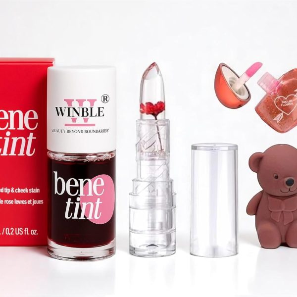 WINBLE Lip & Cheek Tint Combo | Rose Bene Tint, Moisturizing Blush, Hydrating Heart Gloss, Matte Teddy Bear Keychain Lipstick, Crystal Flower Jelly Lipstick, Waterproof Long-Lasting Lip Balm & Plumper