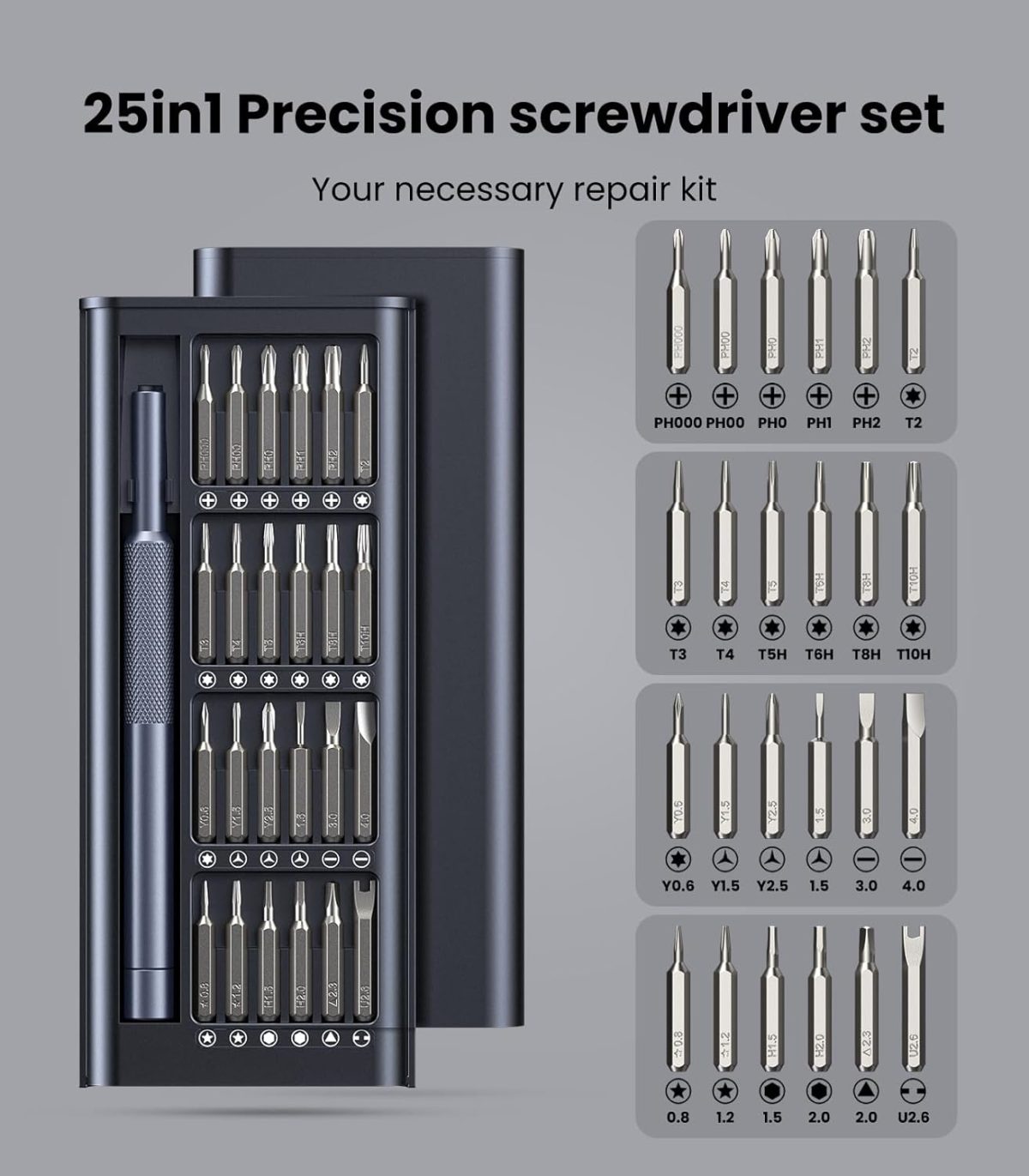 AXTH 25-in-1 Small Precision Screwdriver Set, Professional Magnetic Mini Repair Tool Kit for Phone, Computer, Watch, Laptop, Macbook, Ring Doorbell, Eyeglass, Electronic, [Bearing Steel] Screw Driver - Image 3