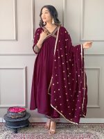 Naixa Women's Vichitra Silk Embroidered A-Line Kurta with Pant and Dupatta Sets for Wedding Party and Festival Wear (NX3_442-Wine-L) - Image 2