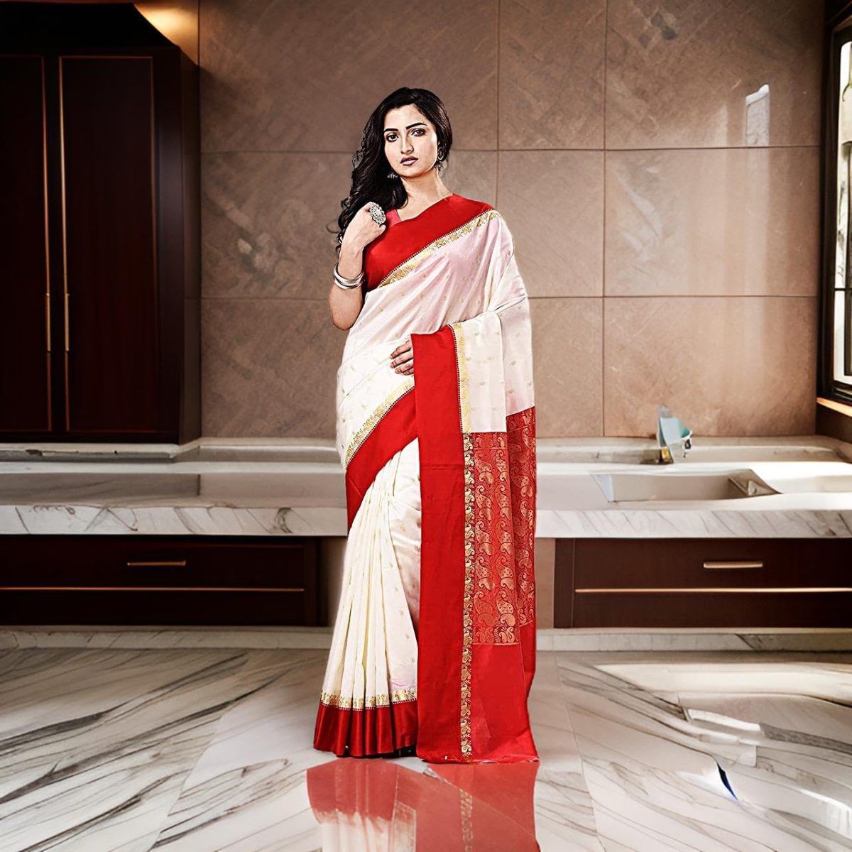 Traditional Bengali Gorod Sarees for Women Red and White Durga Puja Garad Silk Kanjivaram Goroder Lal Paar Sada Border Handloom Sari Latest Banarasi Soft lichi Handmade Zari Buti Sadi Blouse Piece - Image 4