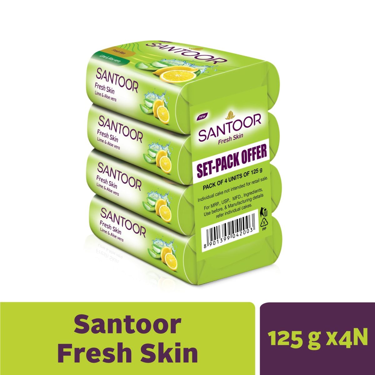 Santoor Fresh Skin Aloe Vera & Lime Bathing Soap with Nourishing & Anti-Aging Properties| For Smooth & Soft and Younger-Looking Skin| For All Skin Types| 125g, Pack of 4 - Image 2