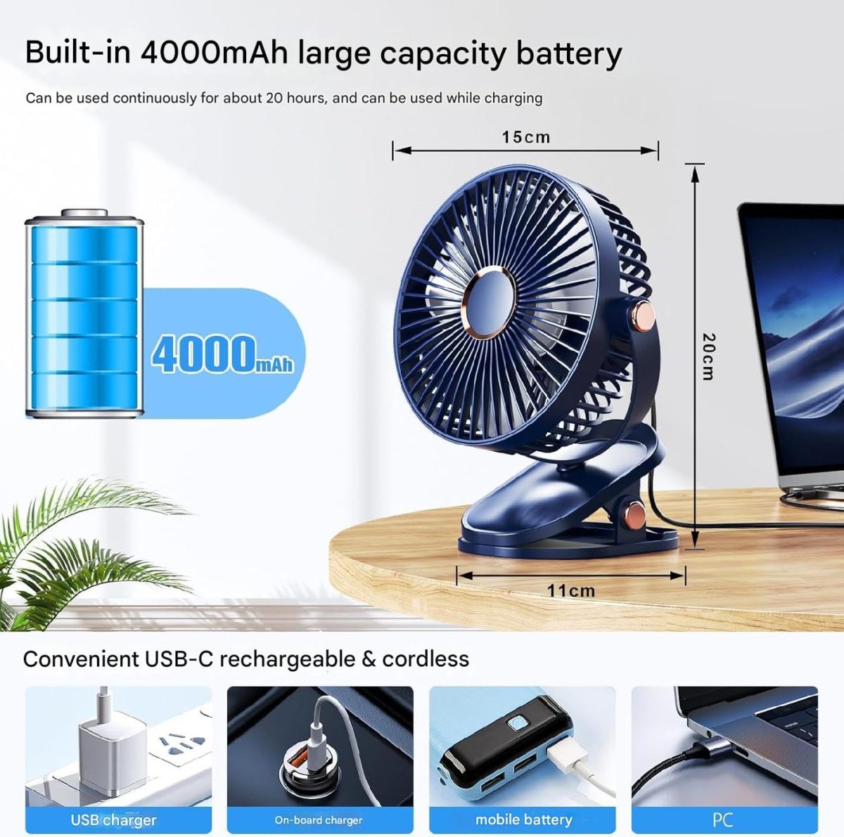 REXERA 𝟔" 𝐈𝐧𝐜𝐡 Rechargeable Desktop Mini 𝐂𝐥𝐢𝐩 𝐅𝐚𝐧 with 𝐋𝐄𝐃 Lighting | High Speed Rechargeable Table Fan for Home | 𝟓 𝐒𝐩𝐞𝐞𝐝 Modes Portable fan for Home— Office (Blue) - Image 4