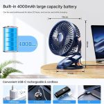 REXERA 𝟔" 𝐈𝐧𝐜𝐡 Rechargeable Desktop Mini 𝐂𝐥𝐢𝐩 𝐅𝐚𝐧 with 𝐋𝐄𝐃 Lighting | High Speed Rechargeable Table Fan for Home | 𝟓 𝐒𝐩𝐞𝐞𝐝 Modes Portable fan for Home— Office (Blue) - Image 4