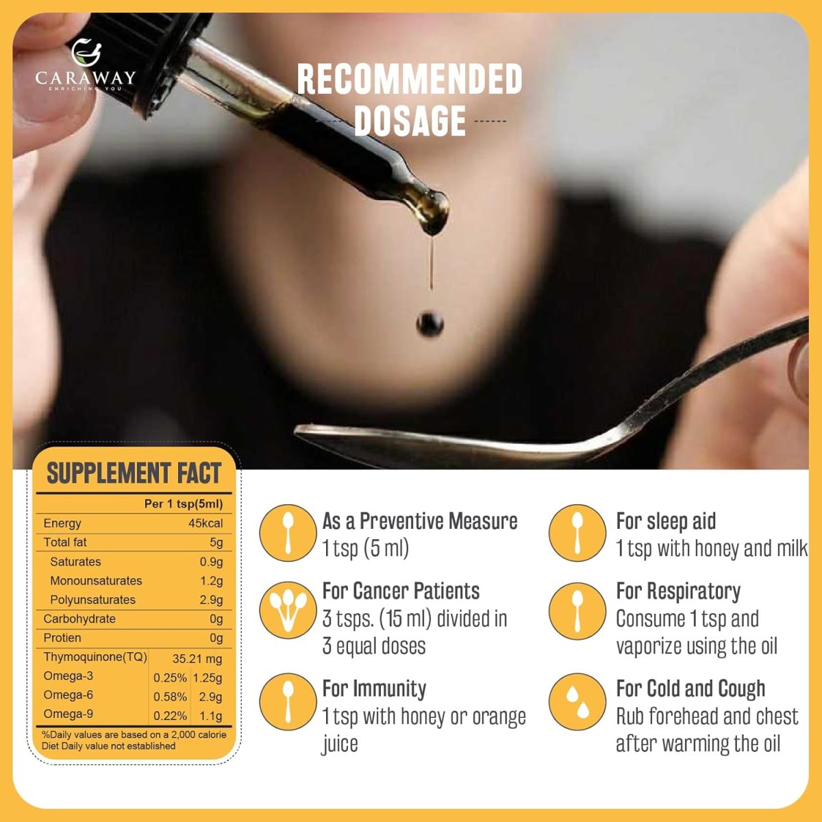 CARAWAY Organic Black Seed Oil (Kalonji Oil) – 4 oz / 118 ml | Cold Pressed Black Seed (Kalonji) Oil Edible Grade | Rich in Thymoquinone for Immunity Boost | Glass Bottle - Image 4