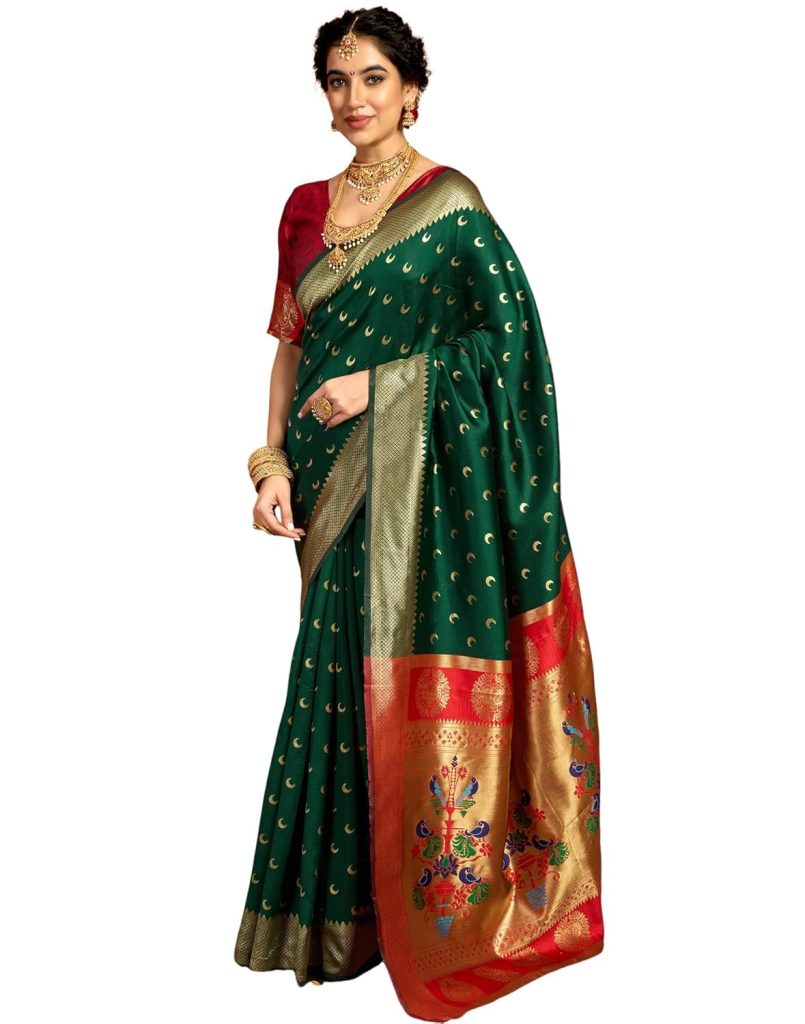 SIRIL Women's Paithani Silk Saree | Chandrakor Paithani Saree With Unstitched Blouse Piece