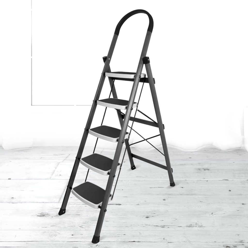 Plantex 5 Step Ladder - Foldable Steel -Wide Anti Skid Steps - 5 Year Manufacturer Warranty(Gray & White)