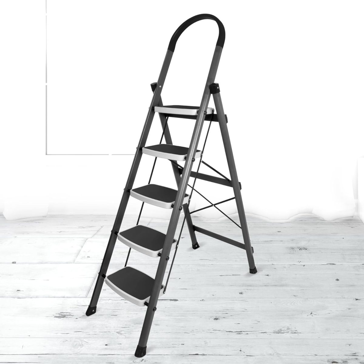 Plantex 5 Step Ladder - Foldable Steel -Wide Anti Skid Steps - 5 Year Manufacturer Warranty(Gray & White)