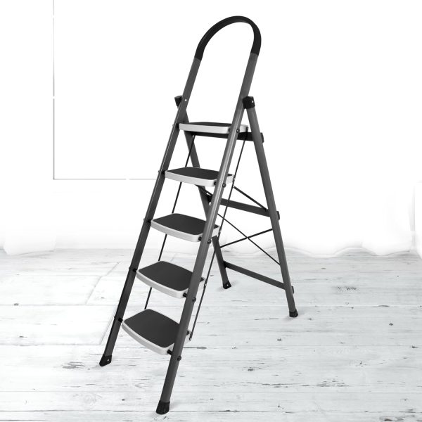 Plantex 5 Step Ladder - Foldable Steel -Wide Anti Skid Steps - 5 Year Manufacturer Warranty(Gray & White)