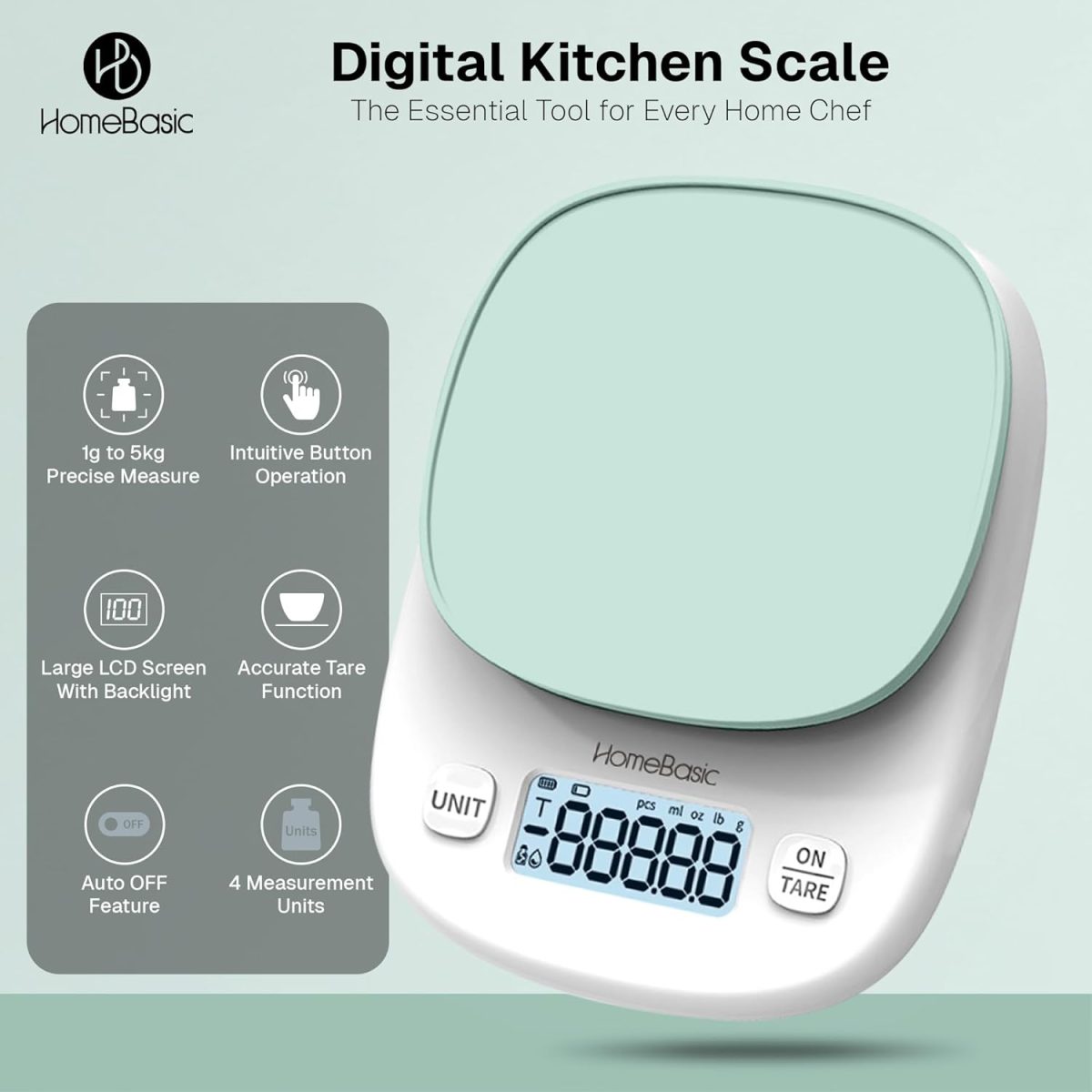 HOMEBASIC Digital Kitchen Weighing Scale 5Kg, High-Precision 0.1g Accuracy | LCD Display, Tare Function, Multi-Units (g, oz, lb, ml) Portable Weight Machine Food Scale for Cooking Baking Diet (Green) - Image 2