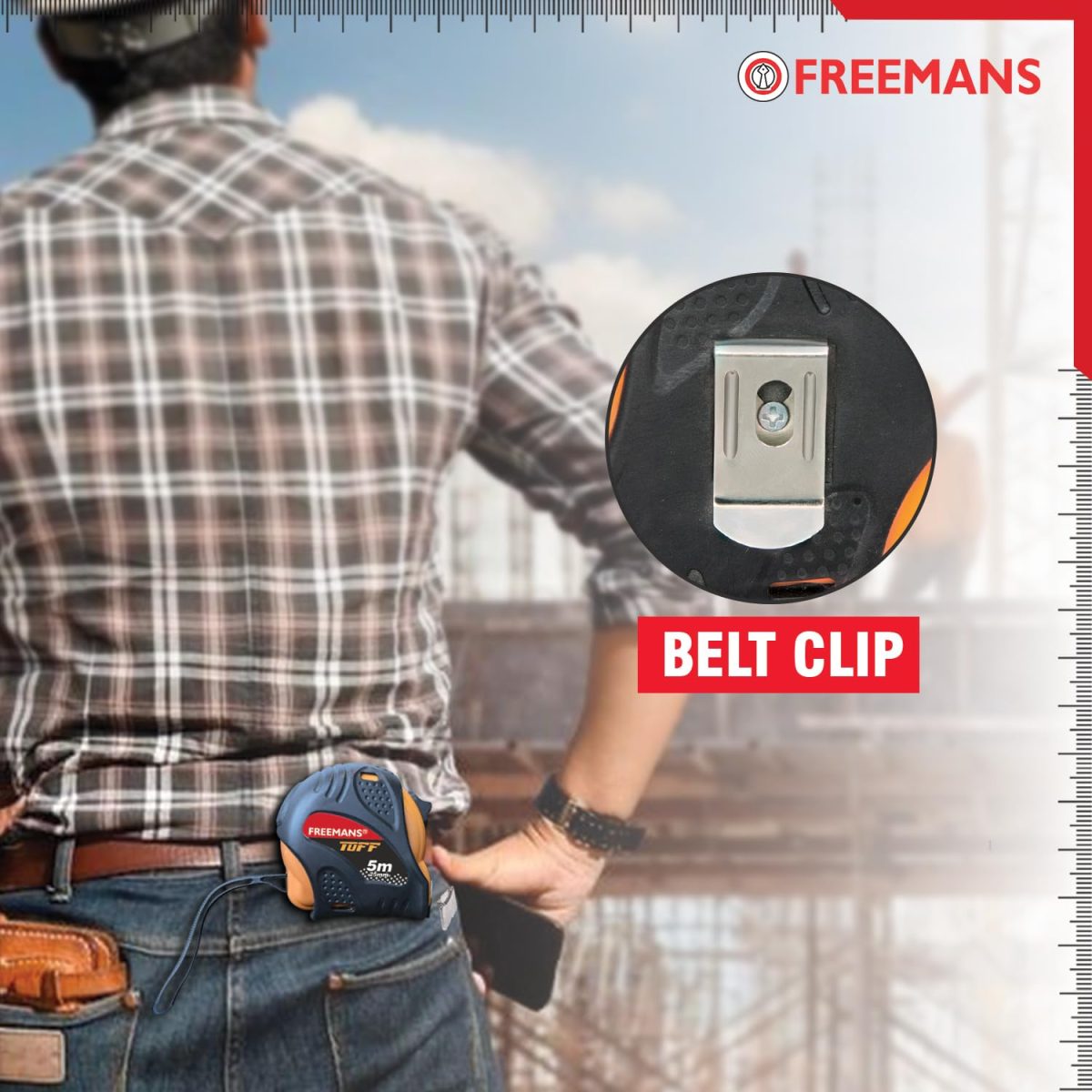 FREEMANS TUFF 5m:25mm Steel Inchi Measuring Tape - 5m with a Non Slip Rubber Covered ABS case || Double Side Printing || Click Action Front Lock and Belt Clip - Image 5