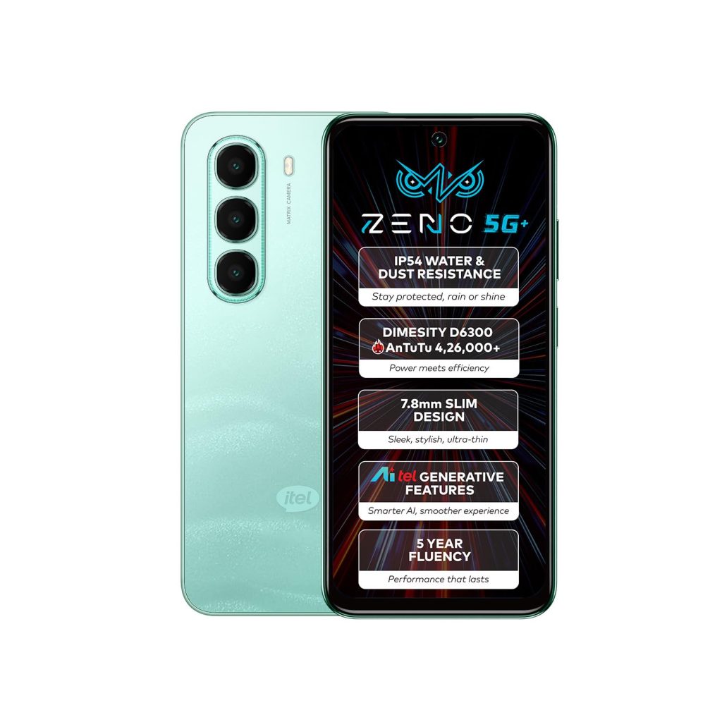 ZENO 5G AI Smartphone | 4GB RAM 128GB ROM | IP54 Rated for Dust & Water Resistance | D6300 5G Processor | 6.7" HD+ 120Hz Punch-Hole Display | 50MP Camera | 5-Year Fluency | Wave Green