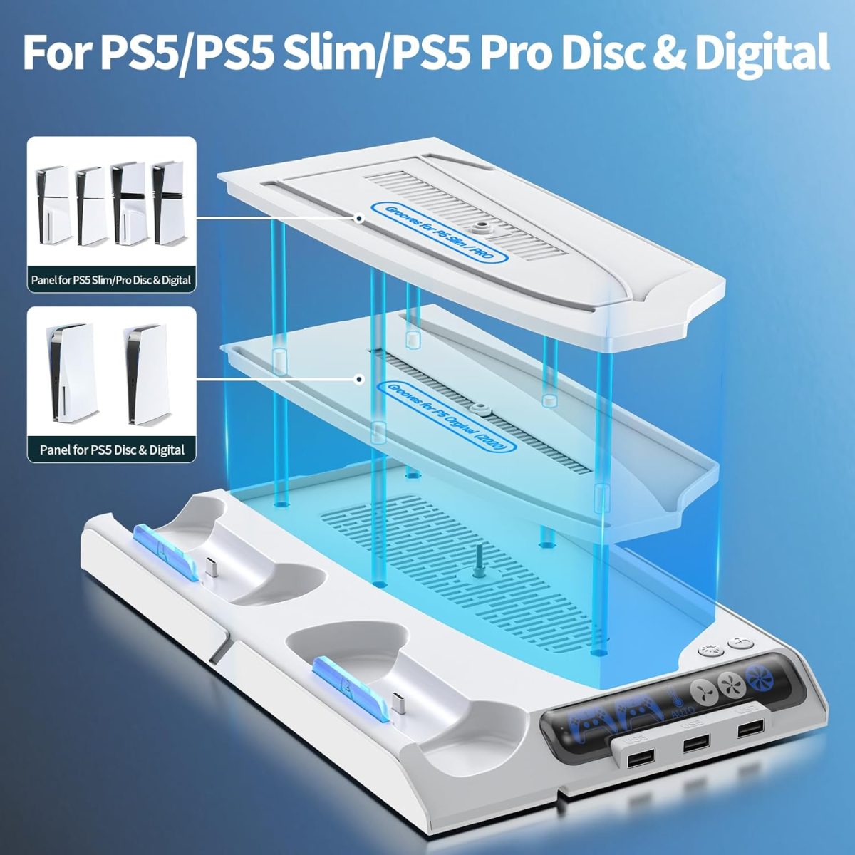 KDD PS5/PS5 Slim Stand with Auto Turbofan, 3-Level Cooling Fans, RGB Lights, Accessories for PS5 2023 Slim & 2020 Digital/Disc Consoles - Image 2