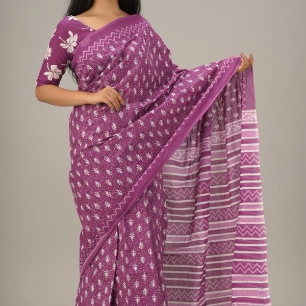 Kiaaron Women's Ikat Hand Block Print Jaipuri Cotton Mulmul Saree with Blouse Piece