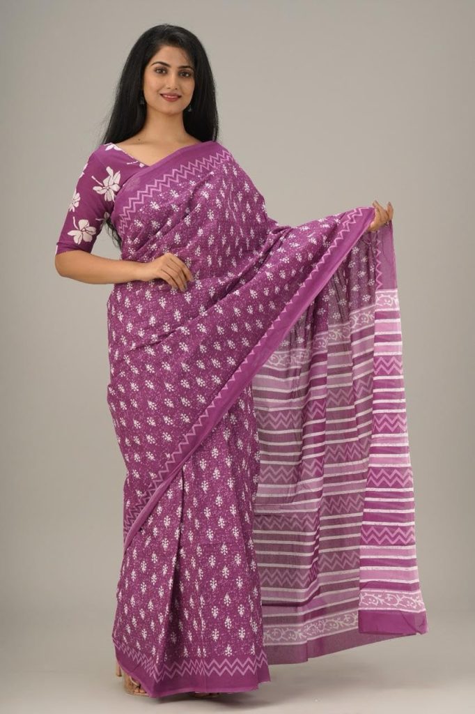 Kiaaron Women's Ikat Hand Block Print Jaipuri Cotton Mulmul Saree with Blouse Piece