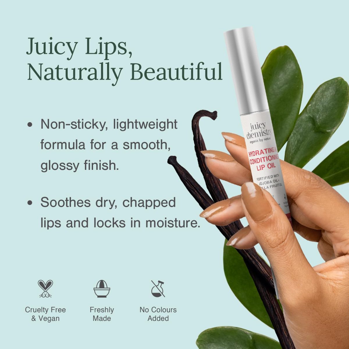 Juicy Chemistry Hydrating and Conditioning Lip Oil, 2 ml | High Shine, Ultra-Conditioning for Dry Lips | Infused with Jojoba & Avocado Oil | Vegan & Cruelty-Free Lip Care - Image 2