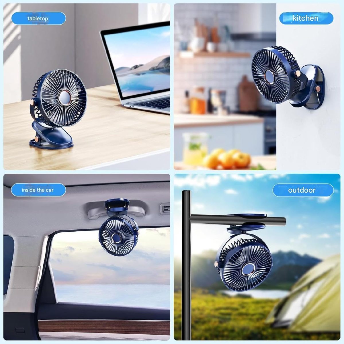 REXERA 𝟔" 𝐈𝐧𝐜𝐡 Rechargeable Desktop Mini 𝐂𝐥𝐢𝐩 𝐅𝐚𝐧 with 𝐋𝐄𝐃 Lighting | High Speed Rechargeable Table Fan for Home | 𝟓 𝐒𝐩𝐞𝐞𝐝 Modes Portable fan for Home— Office (Blue) - Image 6