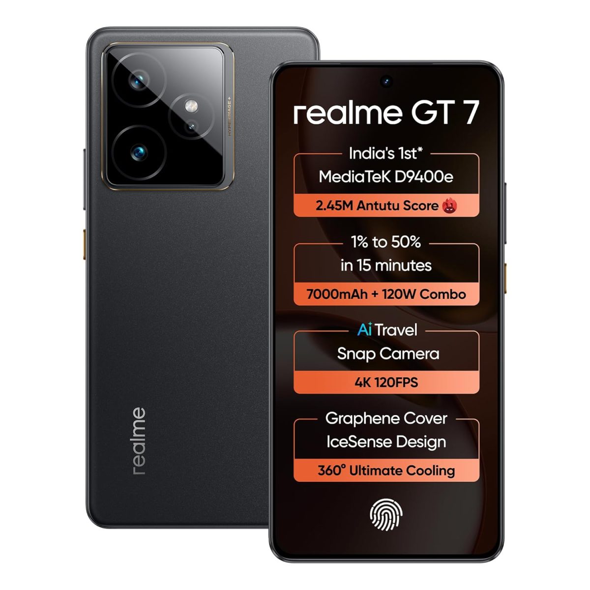 realme GT 7 (IceSense Black,12GB+512GB)| India's 1st MediaTek Dimensity 9400e Chipset | Strongest Battery Combo 7000mAh + 120W | AI 4K 120FPS Travel Camera | 360° Cooling IceSense Design with Graphene