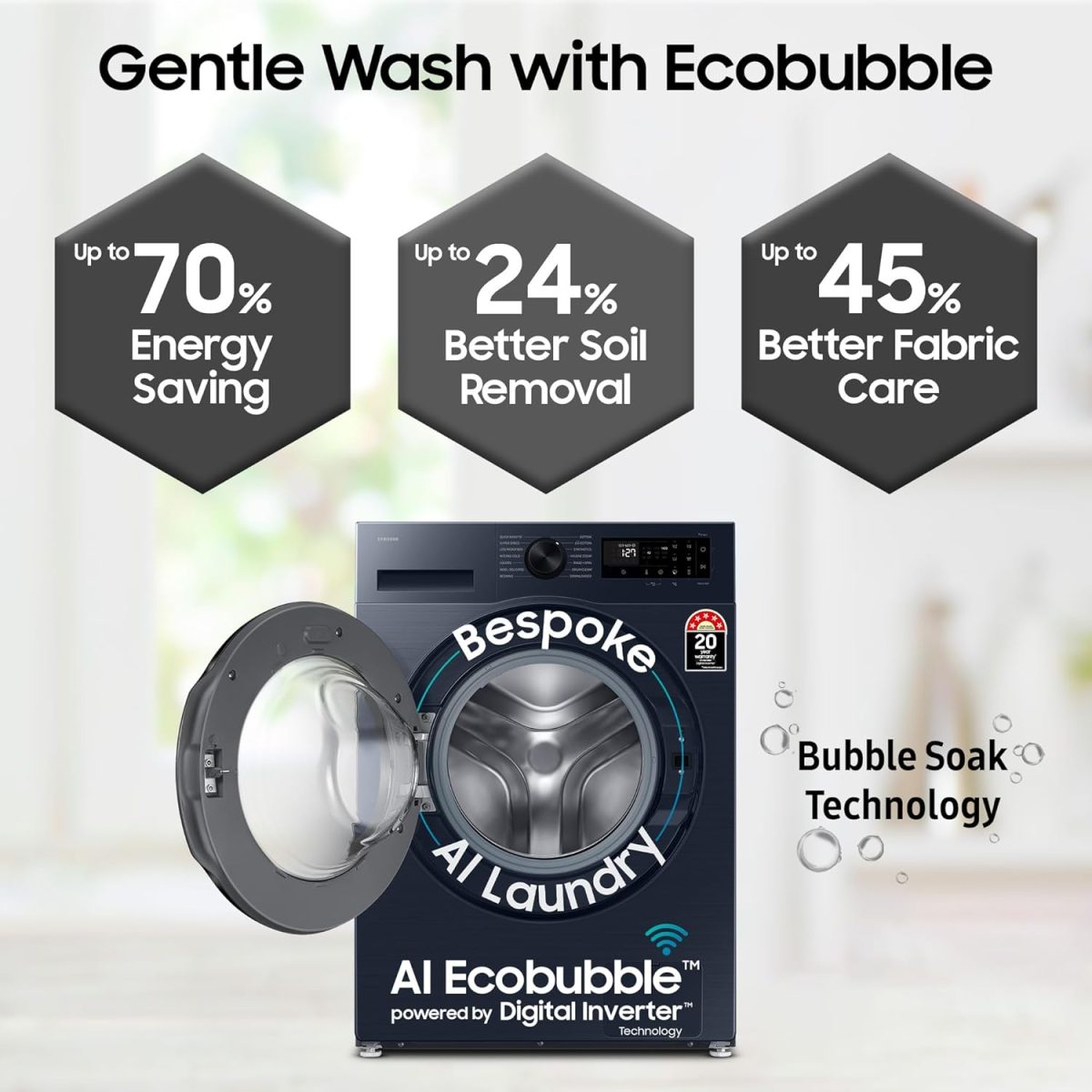 Samsung 12 kg, 5 Star, Super Speed, Wi-Fi, Hygiene Steam with Inbuilt Heater, Digital Inverter, Fully-Automatic Front Load Washing Machine (WW12DG5B24ABTL, Black) - Image 3
