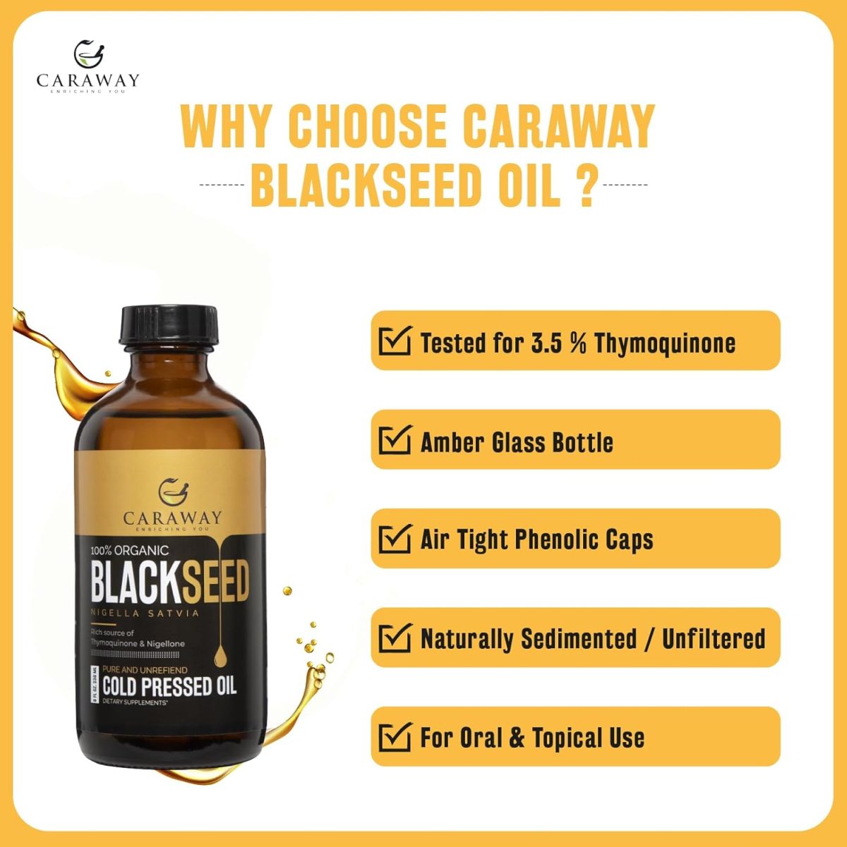 CARAWAY Organic Black Seed Oil (Kalonji Oil) – 4 oz / 118 ml | Cold Pressed Black Seed (Kalonji) Oil Edible Grade | Rich in Thymoquinone for Immunity Boost | Glass Bottle - Image 3