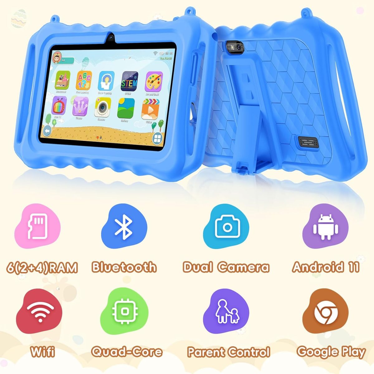aiprotablet Kids Tablet, 7 Inch Android 11 Tablet For Kids, 6GB(2+4) Ram 32GB ROM 128GB Expand, Toddler Tablet With Wifi, Bluetooth, Parental Control, Dual Camera, Gps, Shockproof Case (Blue) - Image 2