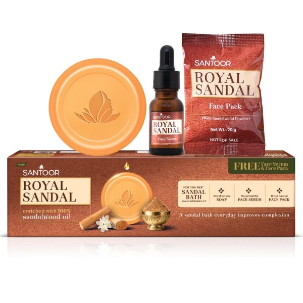 Santoor Royal Sandal Detan Pack | 3 Soaps (150g Each) + Free Serum (15ml) + Free Face Pack (20g) | 100% Sandalwood Oil & Powder | 3-Step Natural Detan | Reduces tan, Improves complexion, Even Skin Tone & Glow