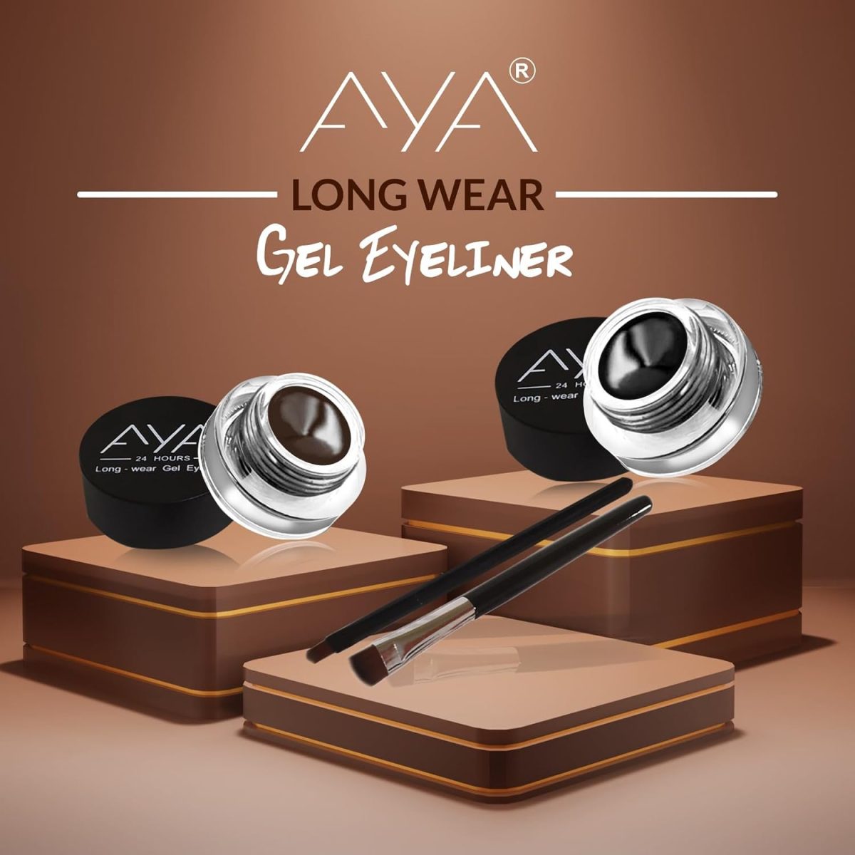 AYA Eye Makeup 2 in 1 Brown + Black Gel Eyeliner Make Up Water-proof Smudge-proof Set Eye Liner With Application Brushes - Image 2