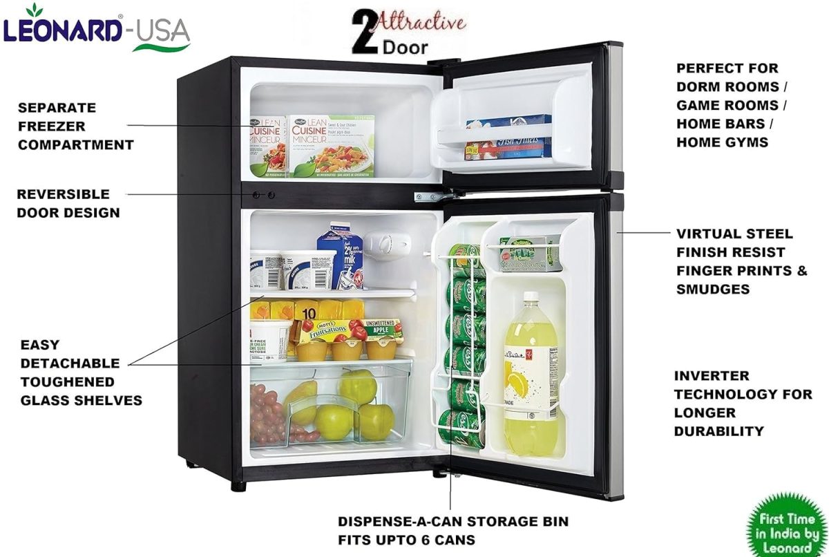 LEONARD USA Mini Fridge Small Fridge 120 L Inverter Double Door with Toughened Adjustable Glass Shelves, Mechanical Control, Interior Light (Based on American Technology) (Silver & Black) - Image 6