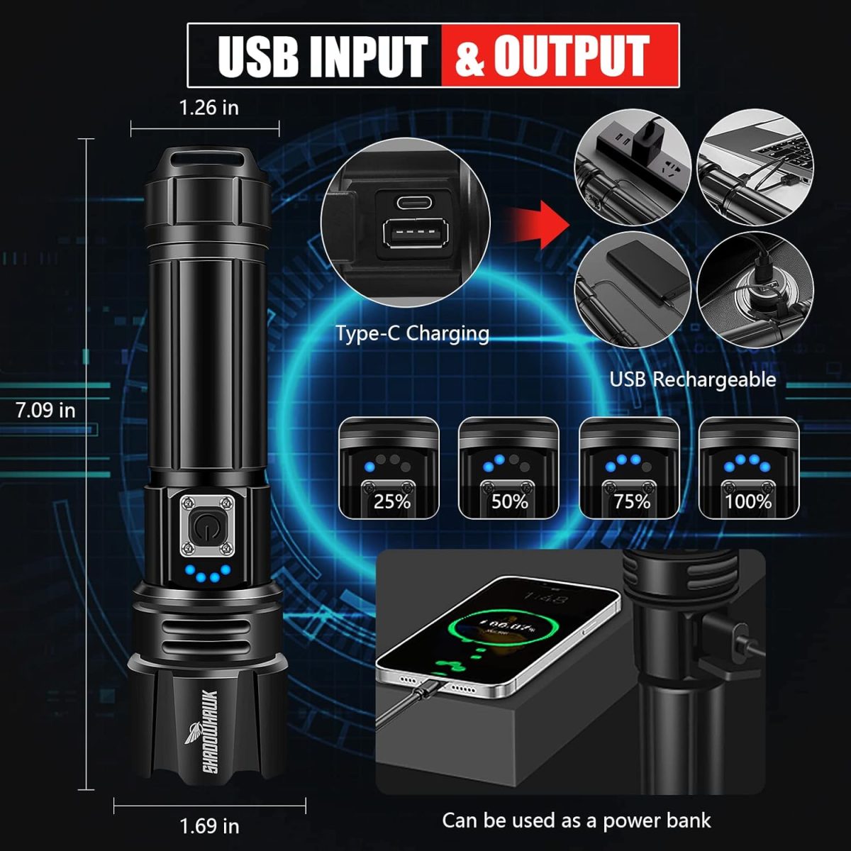 Shadowhawk Flash Light Led Torch, 20000 Lumens Flashlight Bright Light Torch, XHP70.2 Hand Torch Light Rechargeable USB Tactical, Waterproof Portable Torch Light for Trekking Hunting Emergency - Image 5
