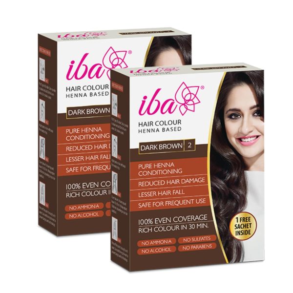 Iba Hair Colour for Women - Dark Brown, 70g (Pack of 2) | 100% Pure Henna Based Powder Sachet | Natural Hair Colour & Long Lasting with Conditioning Formula| Reduced Hair Fall & Hair Damage | Shine & Nourish Hair | Free from Ammonia and Other Harmful Chemicals | Herbal Hair Powder for Hair Color | Dark Brown Henna