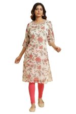 W for Woman Women's Cotton Relaxed Fit Casual Ecru Kota Kurta with Floral Print