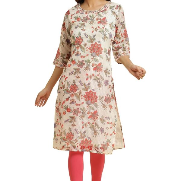 W for Woman Women's Cotton Relaxed Fit Casual Ecru Kota Kurta with Floral Print