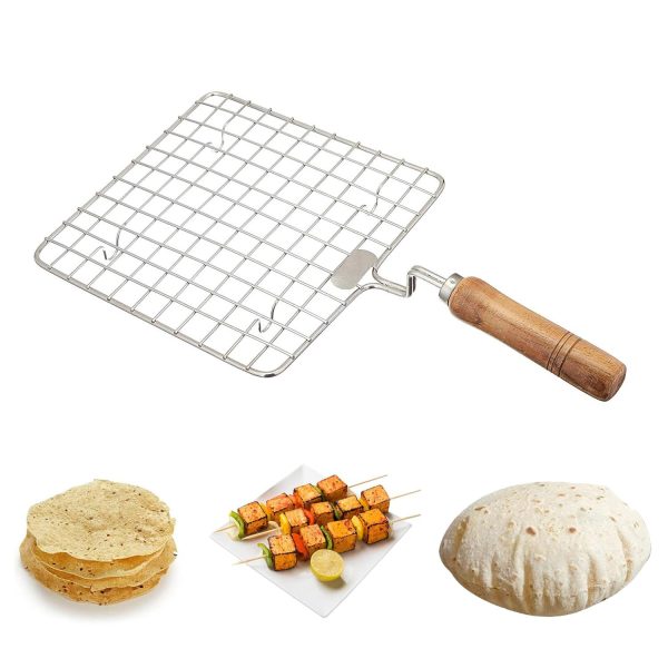 PANCA Papad Jali Roast, Paneer Grill, Roti Maker, Barbeque Jali Roaster Chapati Toast Grill Wooden Handle Vegetable tandoor net, Baigan Bharta (Square)