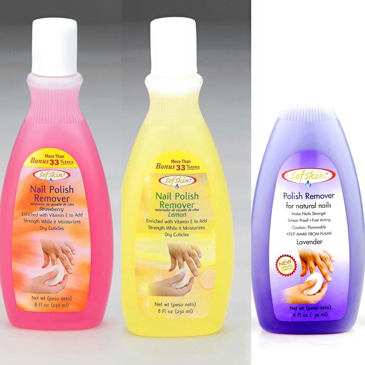 SOFSKIN (American Brand) Acetone Nail Polish Removers & Cuticles Moisturizer Combo (Lavender, Lemon & Strawberry) 230 ml each = 690 ml