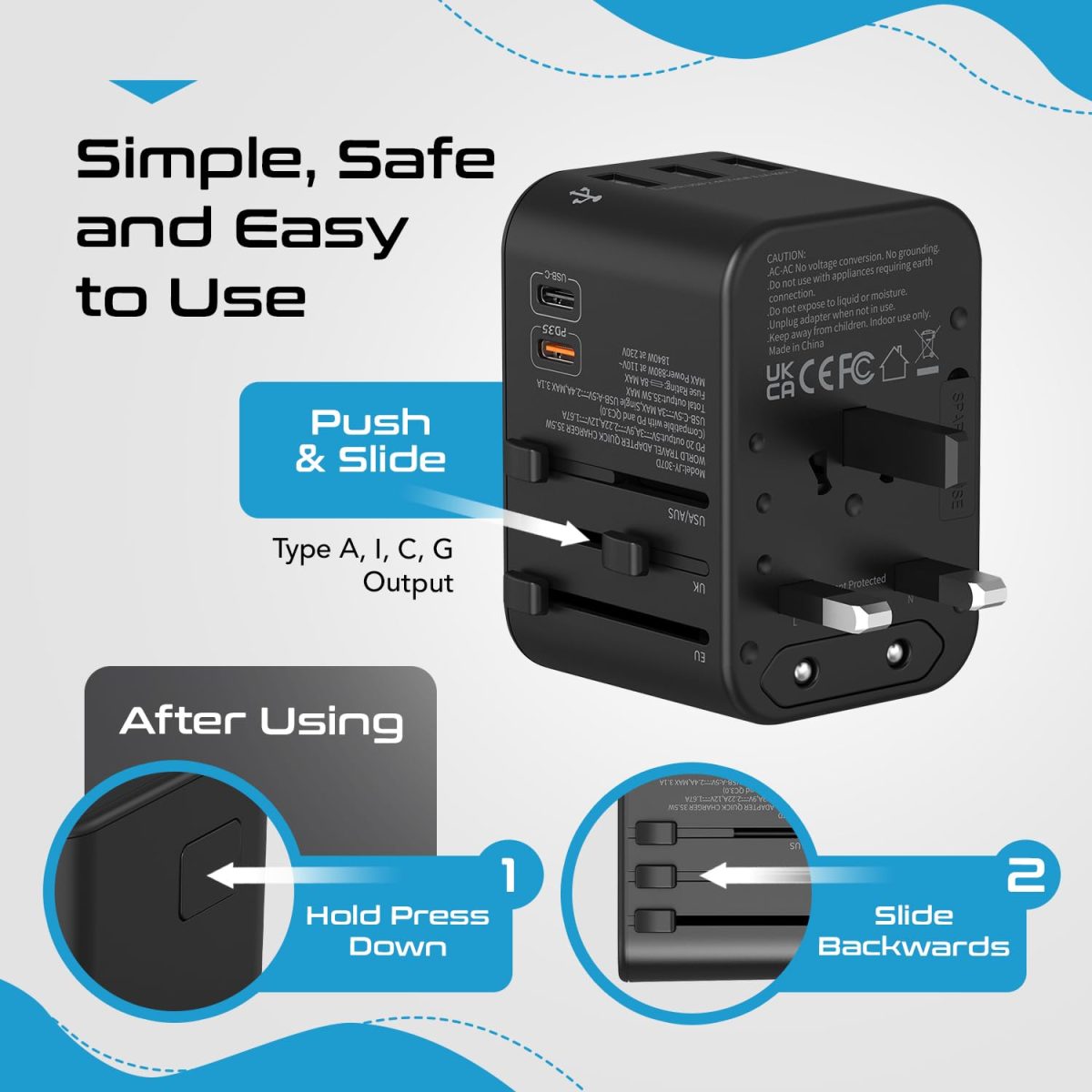 Ceptics Universal Charger Adapter, 35W 6 in 1 International Travel Adapter, Universal Plug Socket with 10 Years Warranty, PD/QC 3.0, 1x USB-C, 3 USB Fast Charging, Worldwide Travel Adapters. - Image 5