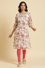 W for Woman Women's Cotton Relaxed Fit Casual Ecru Kota Kurta with Floral Print - Image 2