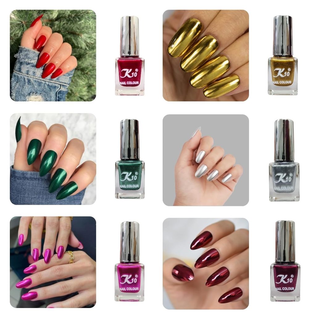 K10 Nail Polish| Metallic Finish Nail Paint|Quick Drying| Non UV Polish - Gel Finish |Chip Resistant Long-Lasting Multicolor Nail Paint for Women and Girls Red-Green-Pink-Golden-Silver-Maroon, 72 ml