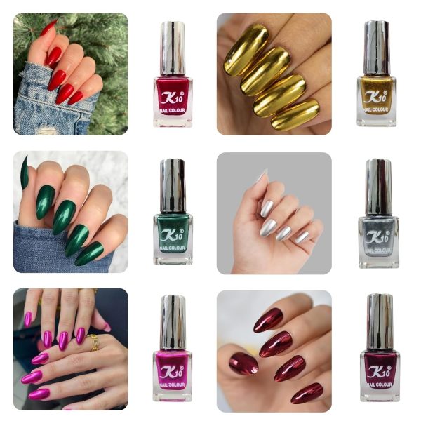 K10 Nail Polish| Metallic Finish Nail Paint|Quick Drying| Non UV Polish - Gel Finish |Chip Resistant Long-Lasting Multicolor Nail Paint for Women and Girls Red-Green-Pink-Golden-Silver-Maroon, 72 ml