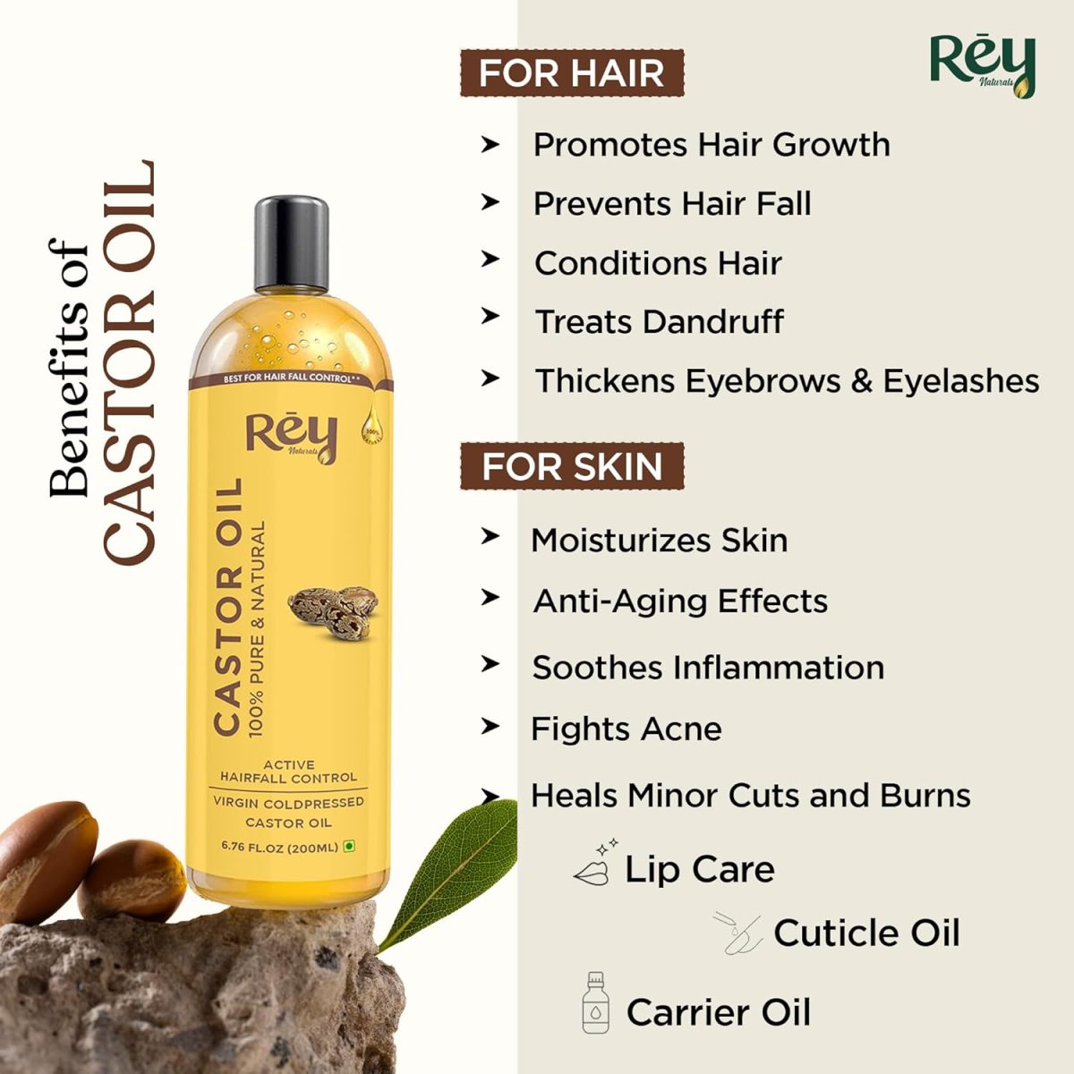 Rey Naturals Cold Pressed Castor Oil & Virgin Coconut Oil For Hair Growth - 200ml×2 | Coconut Oil For Skin Care | Castor Oil For Skin, Eyelashes & Eyebrows | Non Comedogenic Hair Oil For Hair Growth - Image 4