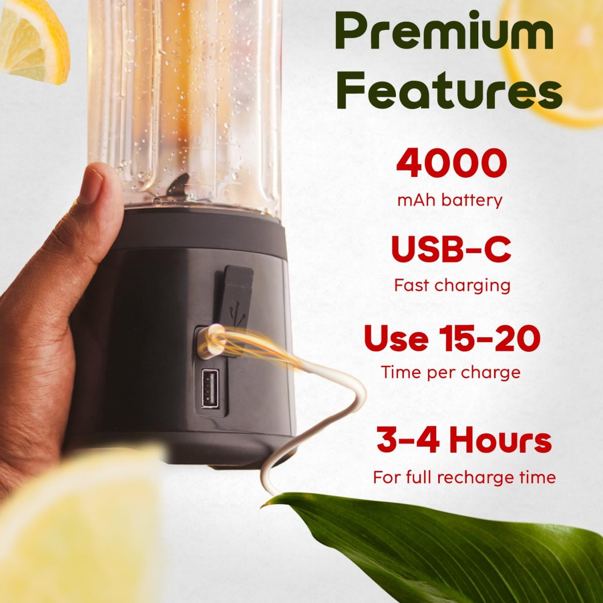 InstaCuppa Portable Blender for Smoothies and Juices, Mixer Juicer that Crushes Ice, Electric Shaker USB Rechargeable Battery with 4000 mAh 230 Watts Motor, 500 ML Juice Maker for Busy Moms - Image 6