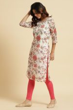 W for Woman Women's Cotton Relaxed Fit Casual Ecru Kota Kurta with Floral Print - Image 3