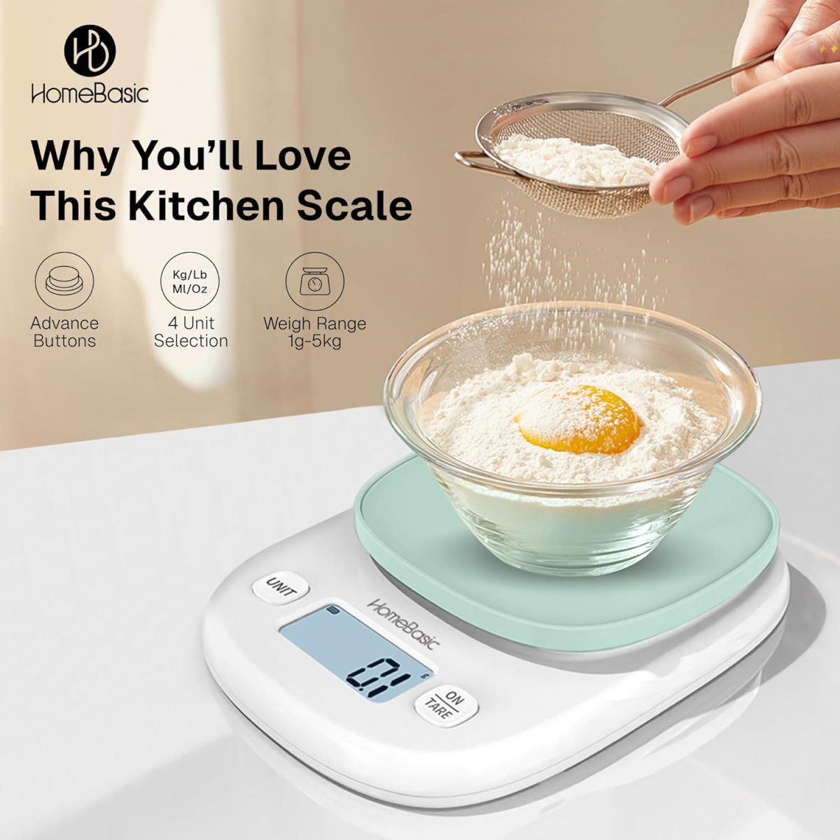 HOMEBASIC Digital Kitchen Weighing Scale 5Kg, High-Precision 0.1g Accuracy | LCD Display, Tare Function, Multi-Units (g, oz, lb, ml) Portable Weight Machine Food Scale for Cooking Baking Diet (Green) - Image 5