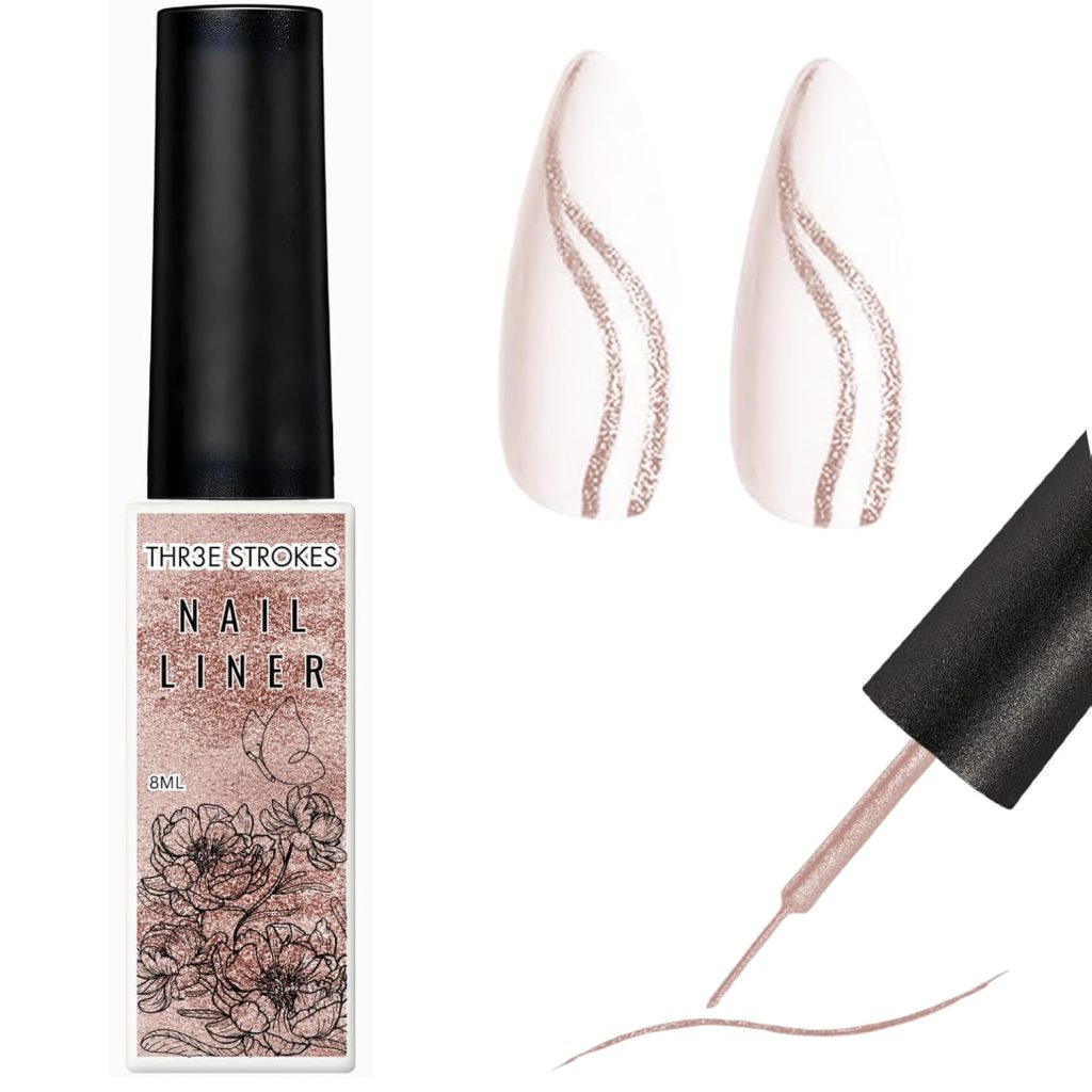 THR3E STROKES Gel Nail Liner Pen UV LED Painting Set for 3D Art DIY Design Pull Line Drawing, Manicure Salon, 8ML, Rose Gold