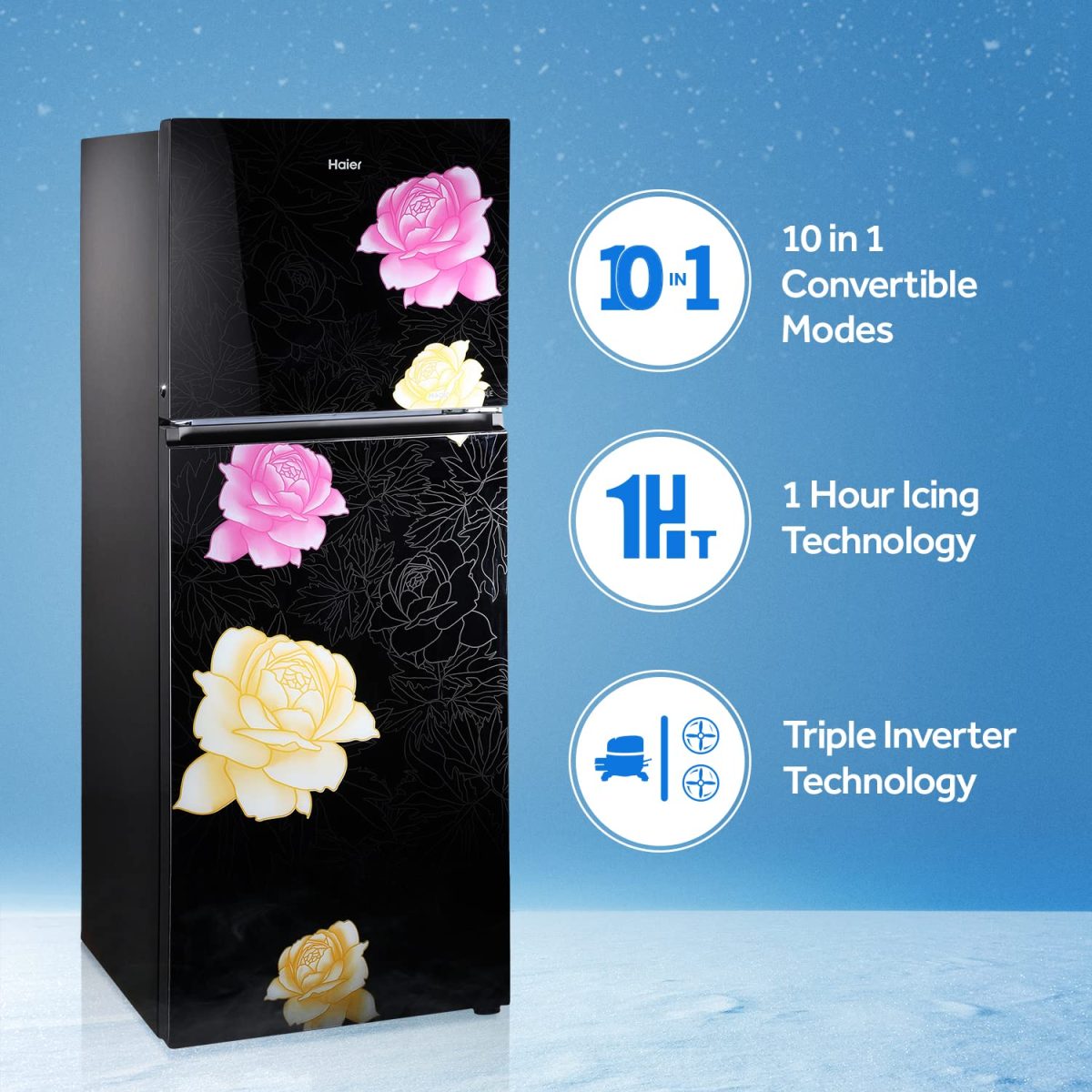 Haier 345 L 3 Star Double Door Frost Free Refrigerator Appliance, Triple Inverter & Dual Fan Technology (HRF-3654PBG-E, Bloom Glass,Glass Door, Convertible, 2022 Model) - Image 3