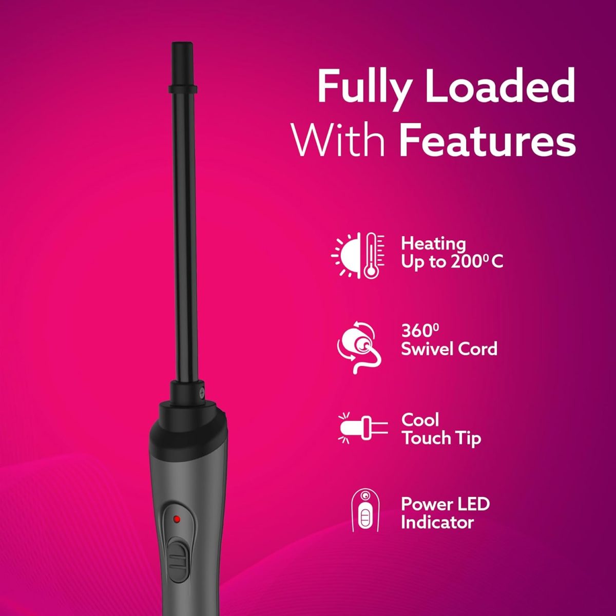 AGARO HC8001 Hair Curler With 10MM Barrel, Rod, Tong, Chopstick Hair Curler, Ceramic Coated Plates, Cool Touch Tip, Fast Heating, For Women, Maggie Curl, Hair Curling, Styling, Grey & Black - Image 3