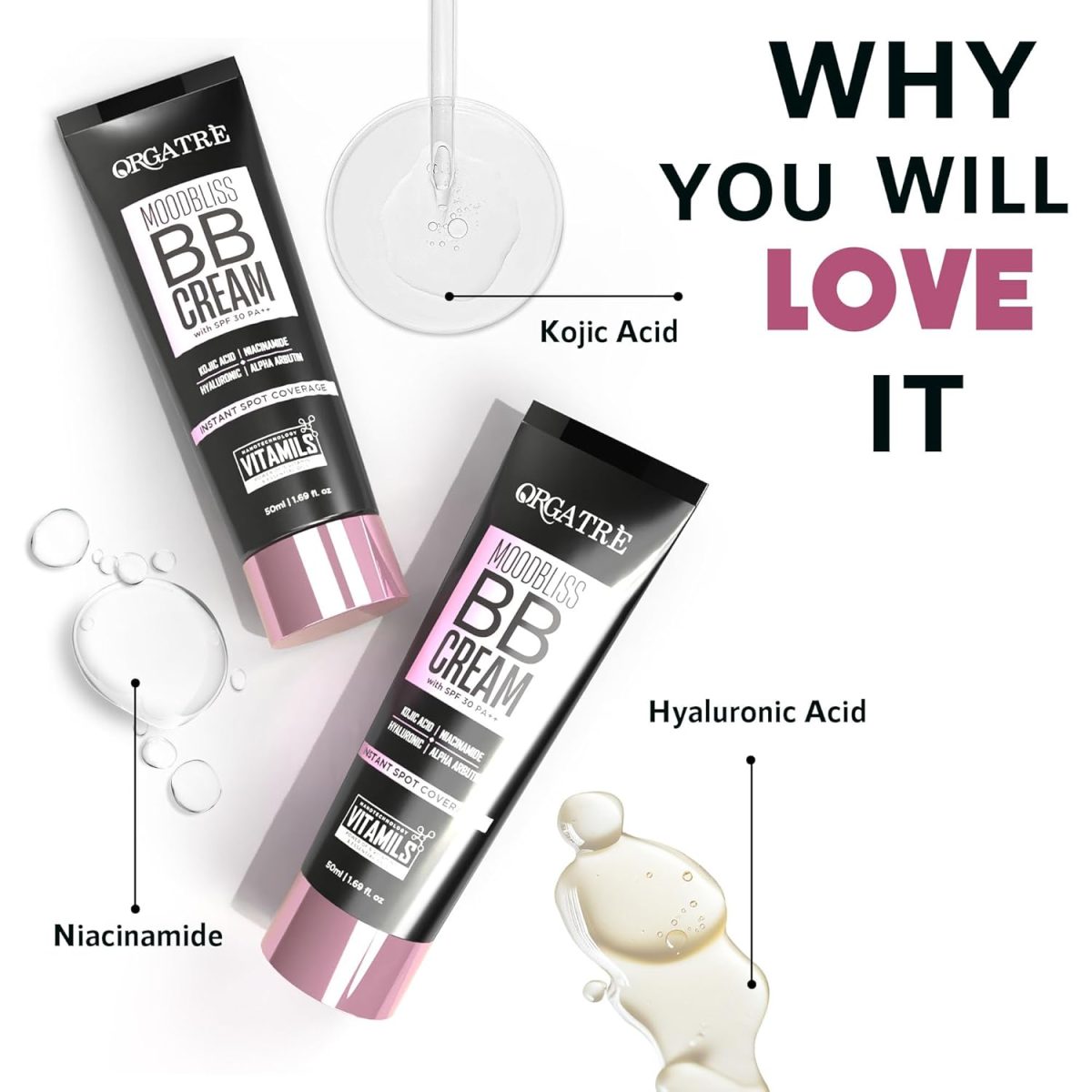 ORGATRE MoodBliss BB Cream 50gm | Instant Spot Coverage with SPF 30 PA++ | Light Makeup Glow for All Skin Types | Kojic Acid & Niacinamide - Image 3