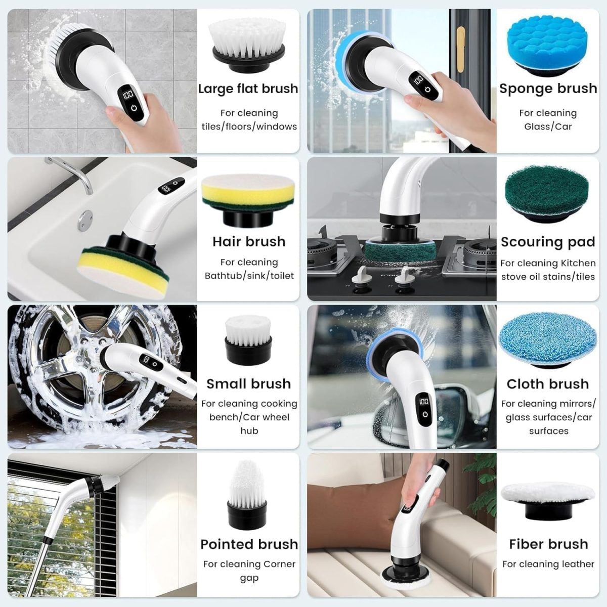 COFENDY Electric Spin Scrubber,Cleaning Brush Scrubber for Home, 400RPM/Mins-9 Replaceable Brush Heads-90Mins Work Time,Adjustable Size,2 Adjustable Speeds for Bathroom Shower (White) - Image 5