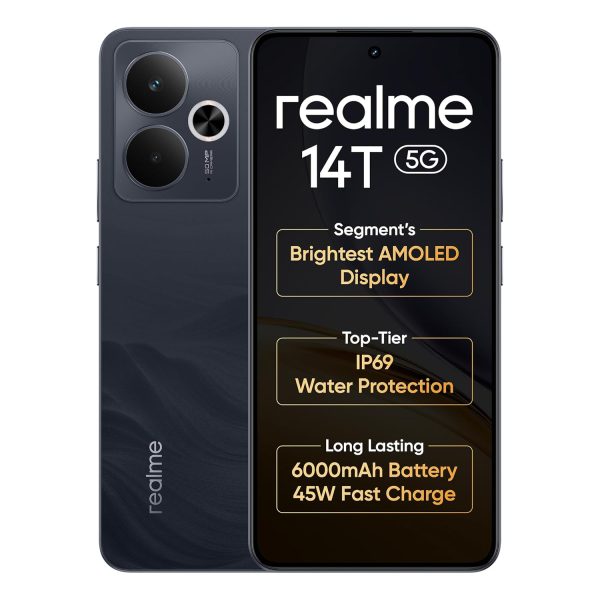 realme 14T 5G Smartphone 8+128GB Obsidian Black, 6.67-inch Screen, 120Hz Display, 6000mAh Battery, 68MP Camera, MediaTek Dimensity 6300, IP69