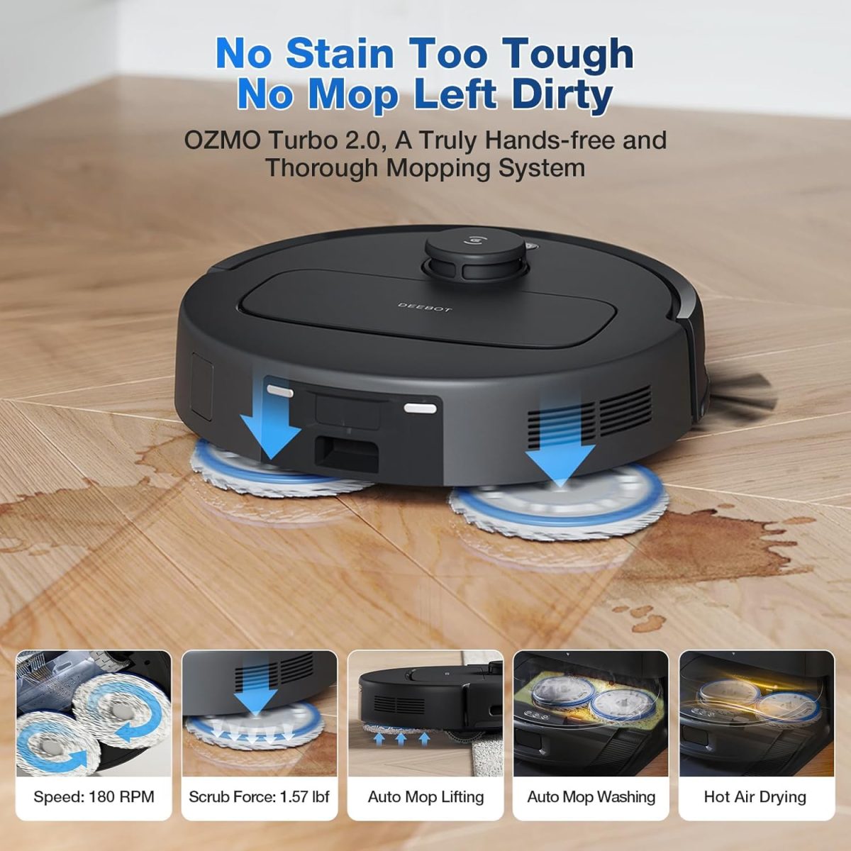 ECOVACS DEEBOT N30 Pro Omni Robot 2-in-1 Vacuum and Mop,10000 Pa Suction, TruEdge Adaptive Edge Mopping, ZeroTangle 2.0 Technology, Hot Air-Drying, Self-Emptying, Auto-Lift Mopping, Wet & Dry cleaning - Image 5