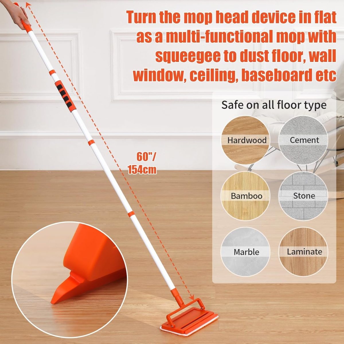 Fulminare 3 in 1 Fan Cleaner Duster with 159cm Extendable Long Handle for Ceiling Fan Blade ,Fan Cleaning Mop with 2 Microfiber Mop Head for Dusting Ceiling Fan Washable Pads for Wipe Wall - Image 6