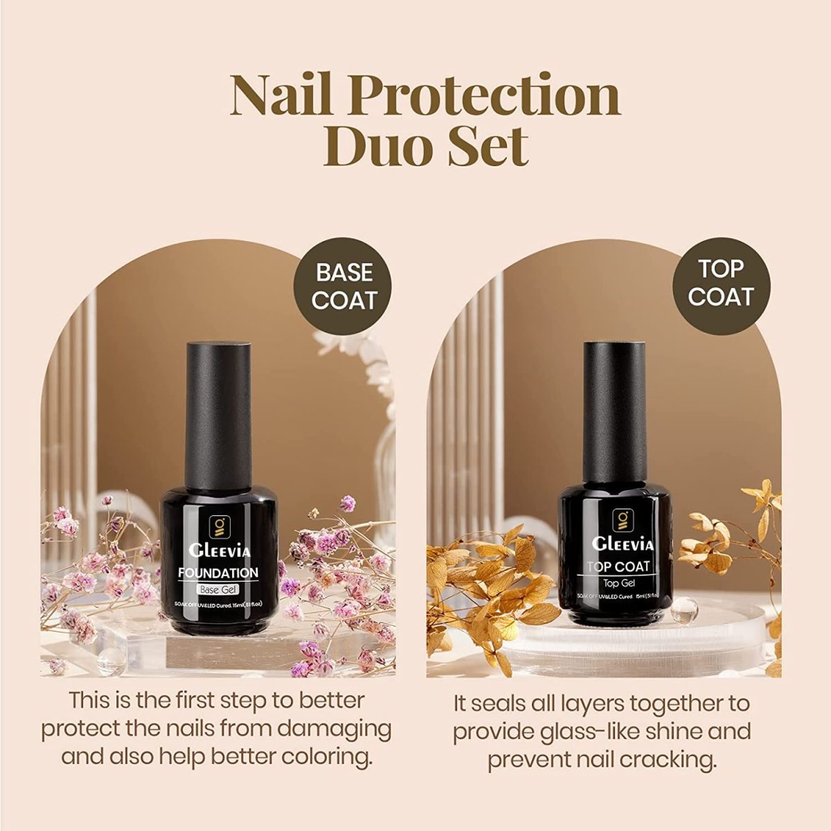 Gleevia No-Wipe Top Coat and Base Coat Gel Set - Shine Finish Long Lasting, Soak-Off UV/LED Nail Lamp Cured Gel 15ml each (Combo Pack) Nail Art Design Manicure Gifts for Women - Image 2